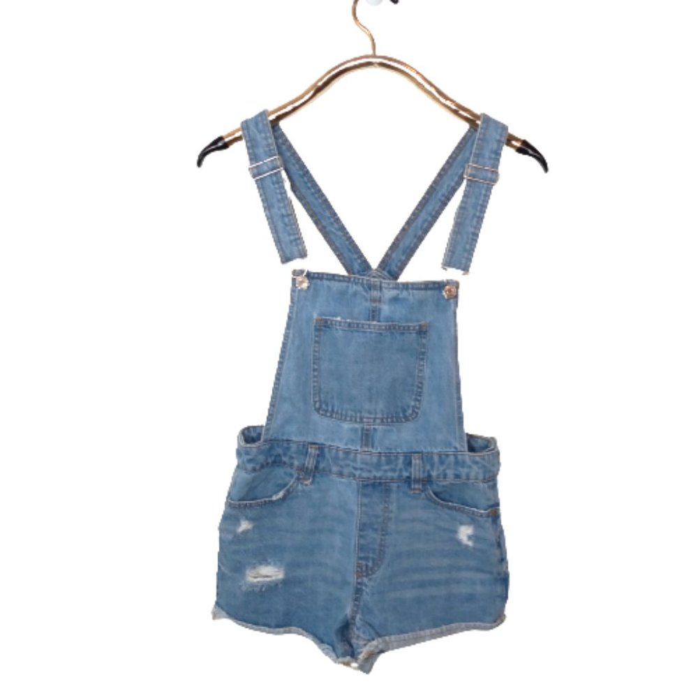 Bershka Womens Blue denim jeans Overall Jumpsuit Shorts with zipper Sz S